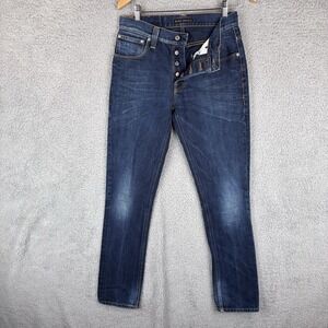 Nudie Jeans Mens 30x32 Grim Tim Frosty Blue Button Fly Raw Denim Tapered